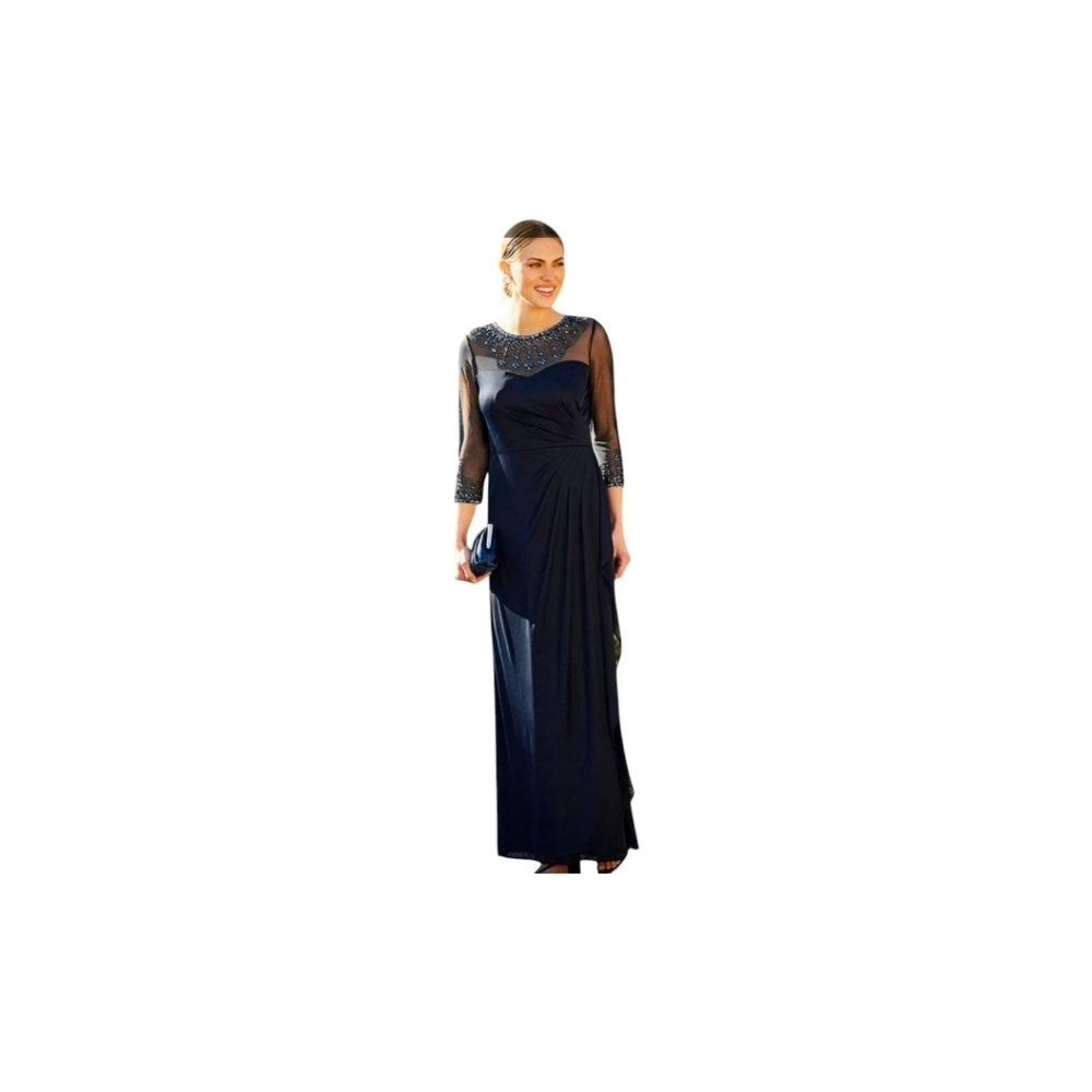NWT Alex evenings Long Beaded Illusion Sweetheart Neck 3/4 Sleeve Ruched size 16 - Picture 4 of 10